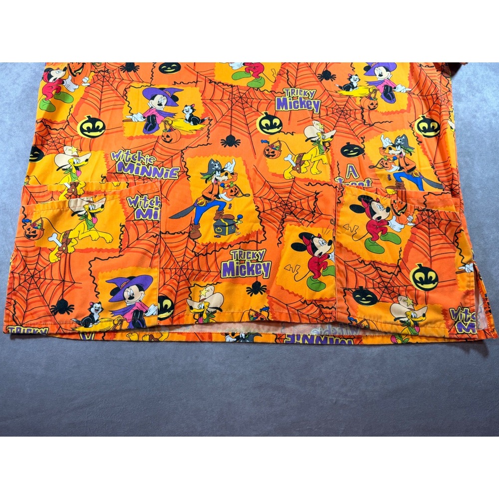 Disney Halloween Scrub Top XL Mickey Minnie Goofy Pluto Orange V-Neck Pockets - Picture 2 of 6